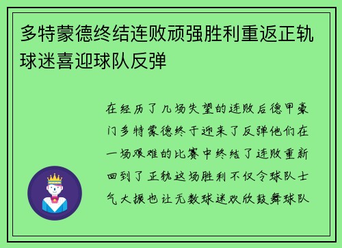 多特蒙德终结连败顽强胜利重返正轨球迷喜迎球队反弹